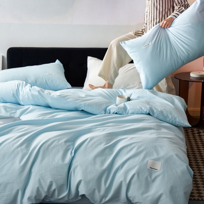 91家纺网 家纺一手货源 找家纺 （总）蓝邻家纺 2025新款A类全棉纯棉水洗棉纯色贴标系列四件套-风格一