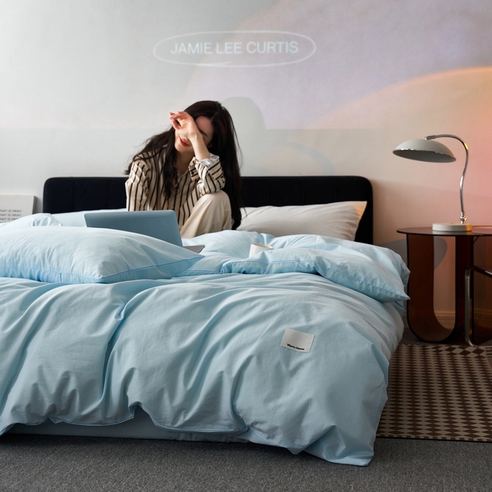 91家纺网 家纺一手货源 找家纺 （总）蓝邻家纺 2025新款A类全棉纯棉水洗棉纯色贴标系列四件套-风格一