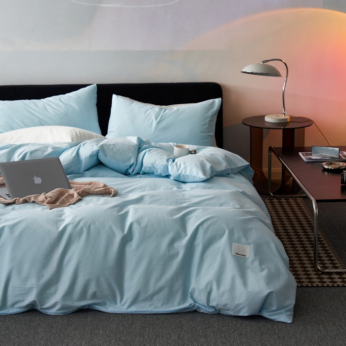 91家纺网 家纺一手货源 找家纺 （总）蓝邻家纺 2025新款A类全棉纯棉水洗棉纯色贴标系列四件套-风格一