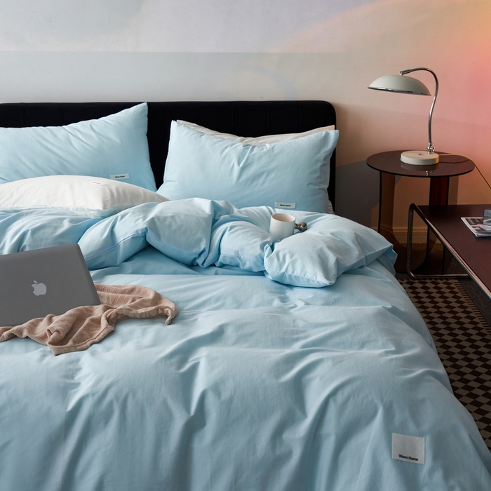 91家纺网 家纺一手货源 找家纺 （总）蓝邻家纺 2025新款A类全棉纯棉水洗棉纯色贴标系列四件套-风格一