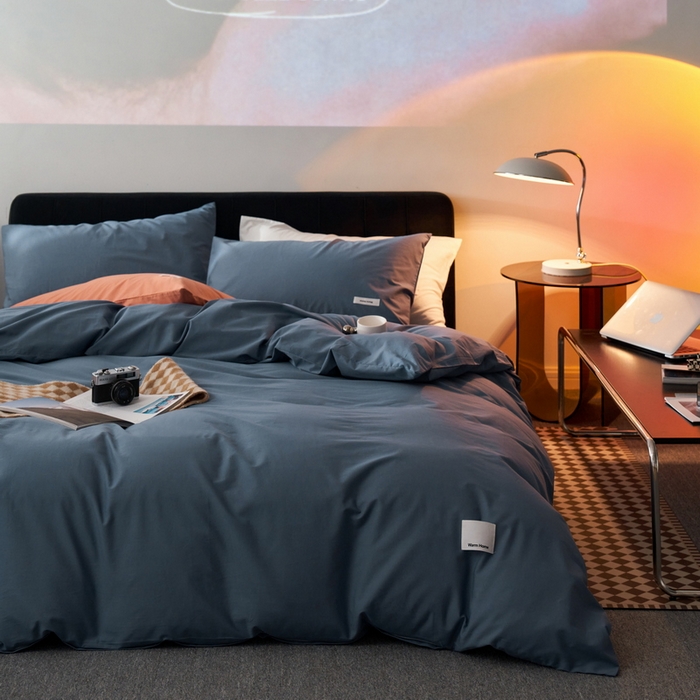 91家纺网 家纺一手货源 找家纺 （总）蓝邻家纺 2025新款A类全棉纯棉水洗棉纯色贴标系列四件套-风格一