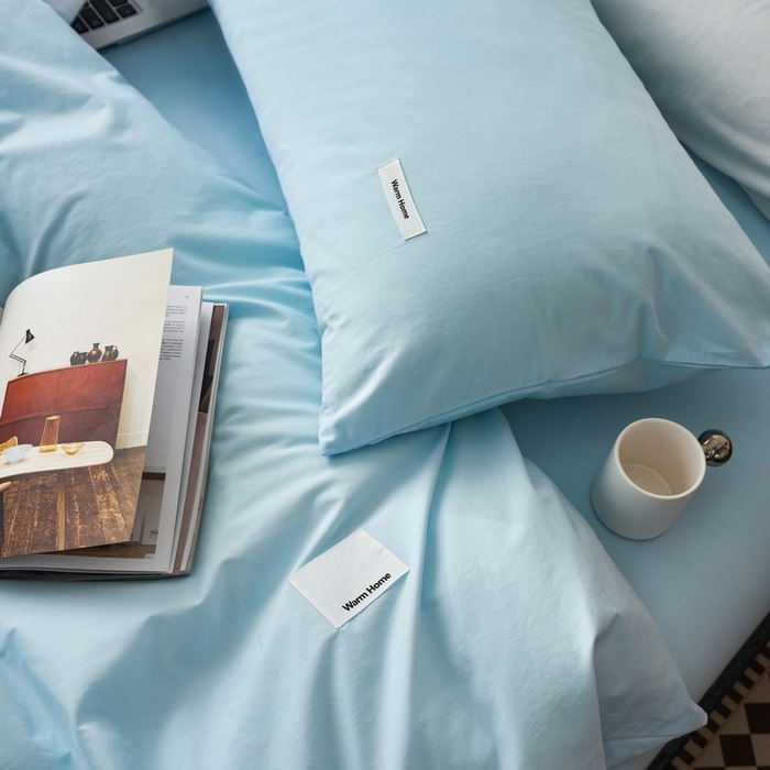 91家纺网 家纺一手货源 找家纺 蓝邻家纺 2025新款A类全棉纯棉水洗棉纯色贴标系列四件套-风格一 粉末蓝