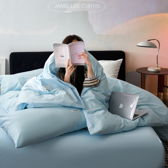 91家纺网 家纺一手货源 找家纺 蓝邻家纺 2025新款A类全棉纯棉水洗棉纯色贴标系列四件套-风格一 粉末蓝