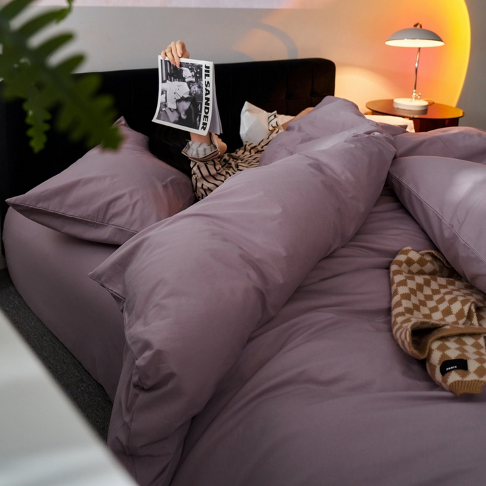 91家纺网 家纺一手货源 找家纺 蓝邻家纺 2025新款A类全棉纯棉水洗棉纯色贴标系列四件套-风格一 千黛紫