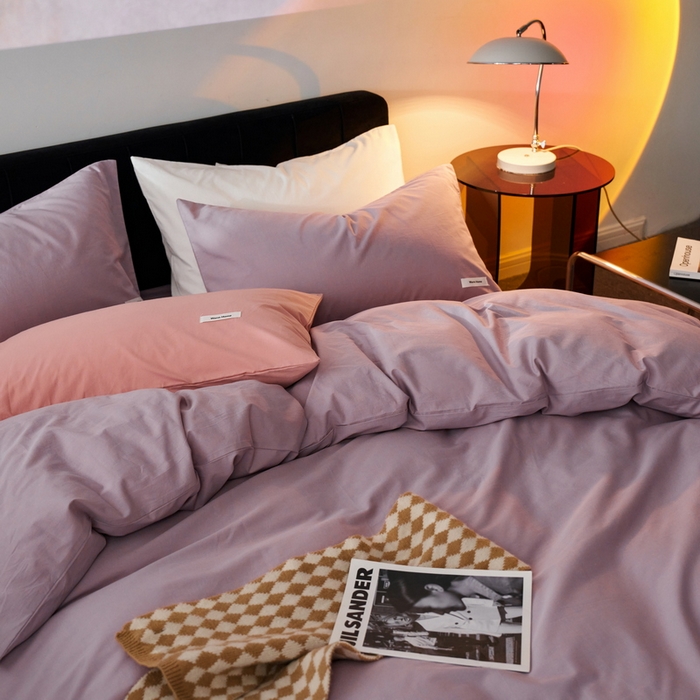 91家纺网 家纺一手货源 找家纺 蓝邻家纺 2025新款A类全棉纯棉水洗棉纯色贴标系列四件套-风格一 千黛紫