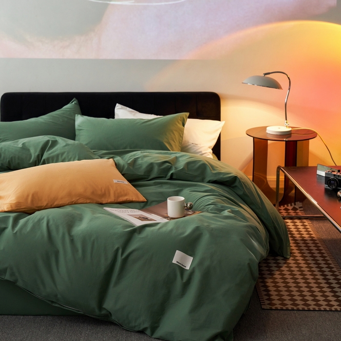 91家纺网 家纺一手货源 找家纺 蓝邻家纺 2025新款A类全棉纯棉水洗棉纯色贴标系列四件套-风格一 时尚绿