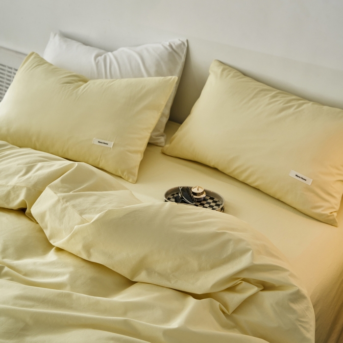 91家纺网 家纺一手货源 找家纺 蓝邻家纺 2025新款A类全棉纯棉水洗棉纯色贴标系列四件套-风格一 柠檬黄