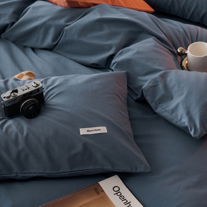 91家纺网 家纺一手货源 找家纺 蓝邻家纺 2025新款A类全棉纯棉水洗棉纯色贴标系列四件套-风格一 牛仔兰