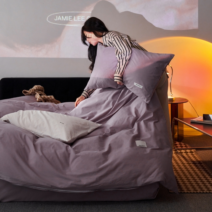 91家纺网 家纺一手货源 找家纺 蓝邻家纺 2025新款A类全棉纯棉水洗棉纯色贴标系列四件套-风格一 千黛紫