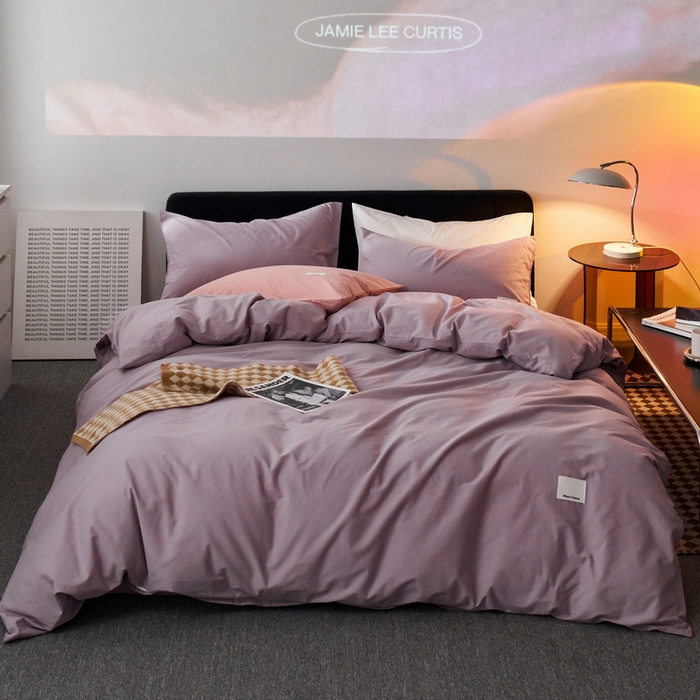 91家纺网 家纺一手货源 找家纺 蓝邻家纺 2025新款A类全棉纯棉水洗棉纯色贴标系列四件套-风格一 千黛紫