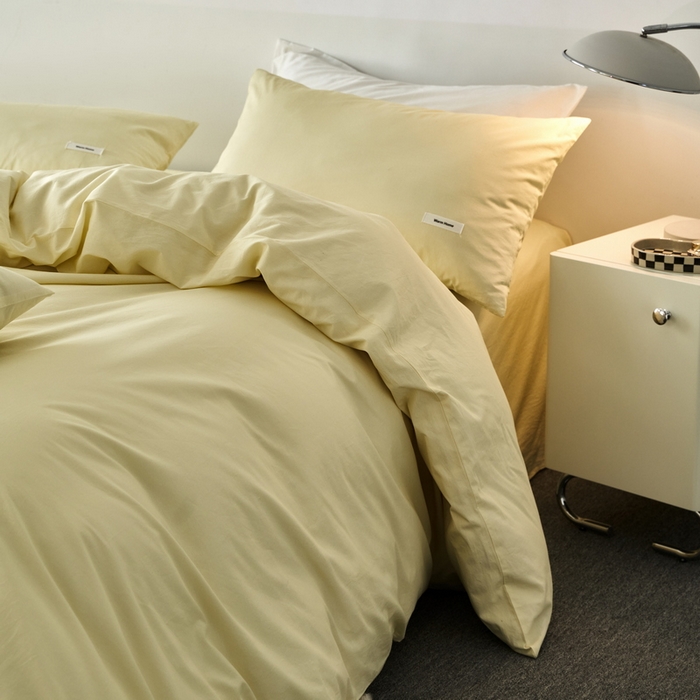 91家纺网 家纺一手货源 找家纺 蓝邻家纺 2025新款A类全棉纯棉水洗棉纯色贴标系列四件套-风格一 柠檬黄