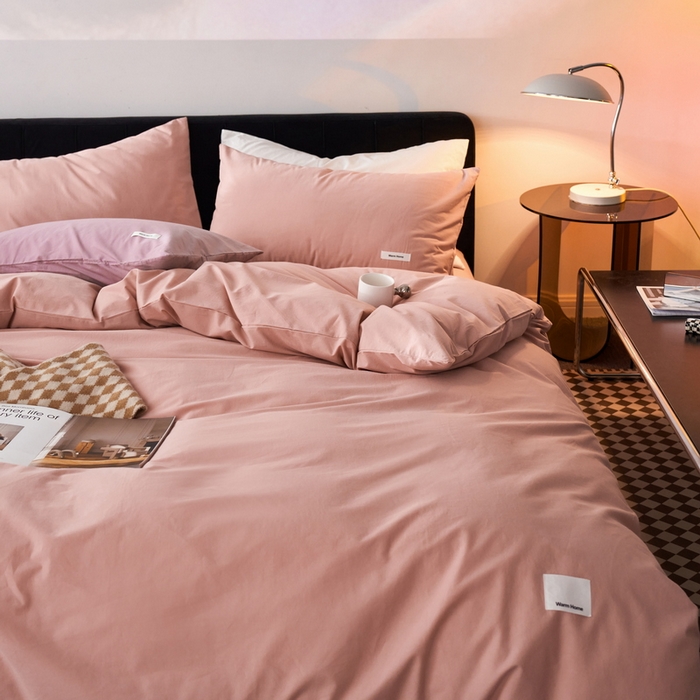 91家纺网 家纺一手货源 找家纺 蓝邻家纺 2025新款A类全棉纯棉水洗棉纯色贴标系列四件套-风格一 公主粉