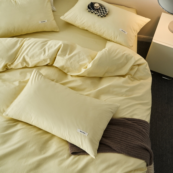 91家纺网 家纺一手货源 找家纺 蓝邻家纺 2025新款A类全棉纯棉水洗棉纯色贴标系列四件套-风格一 柠檬黄