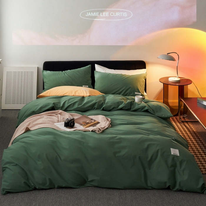 91家纺网 家纺一手货源 找家纺 蓝邻家纺 2025新款A类全棉纯棉水洗棉纯色贴标系列四件套-风格一 时尚绿