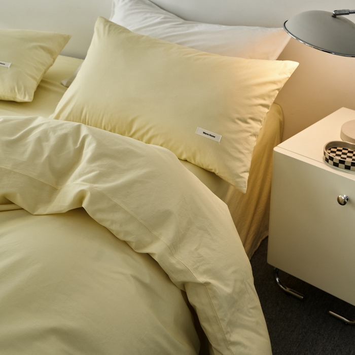 91家纺网 家纺一手货源 找家纺 蓝邻家纺 2025新款A类全棉纯棉水洗棉纯色贴标系列四件套-风格一 柠檬黄