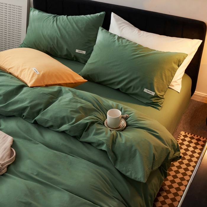 91家纺网 家纺一手货源 找家纺 蓝邻家纺 2025新款A类全棉纯棉水洗棉纯色贴标系列四件套-风格一 时尚绿