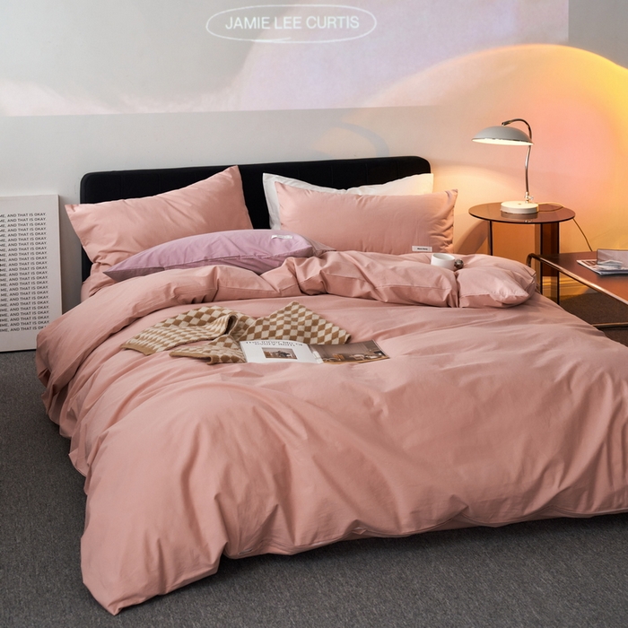 91家纺网 家纺一手货源 找家纺 蓝邻家纺 2025新款A类全棉纯棉水洗棉纯色贴标系列四件套-风格一 公主粉