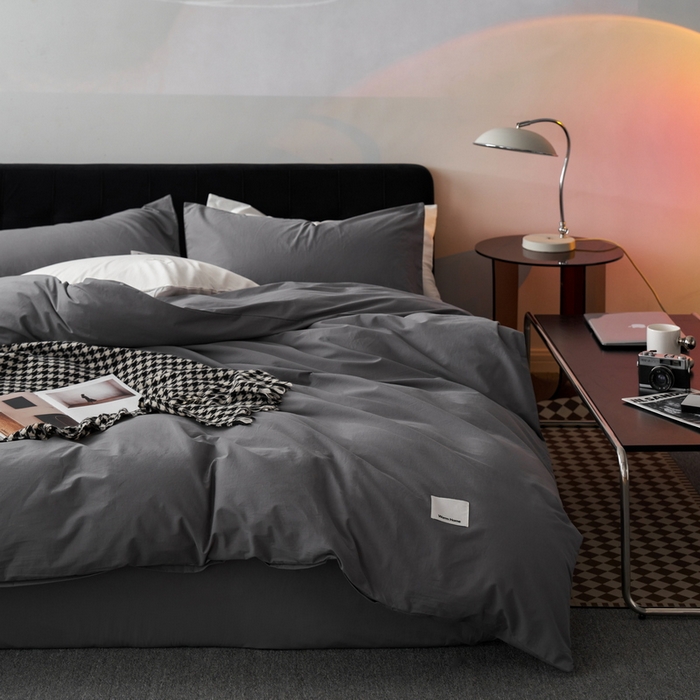 蓝邻家纺 2025新款A类全棉纯棉水洗棉纯色贴标系列四件套-风格一 星辰灰