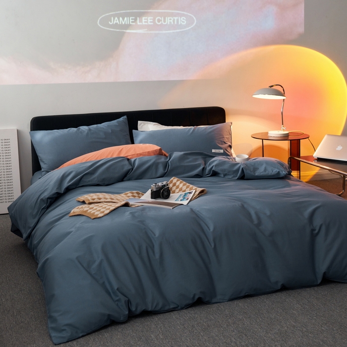 91家纺网 家纺一手货源 找家纺 蓝邻家纺 2025新款A类全棉纯棉水洗棉纯色贴标系列四件套-风格一 牛仔兰