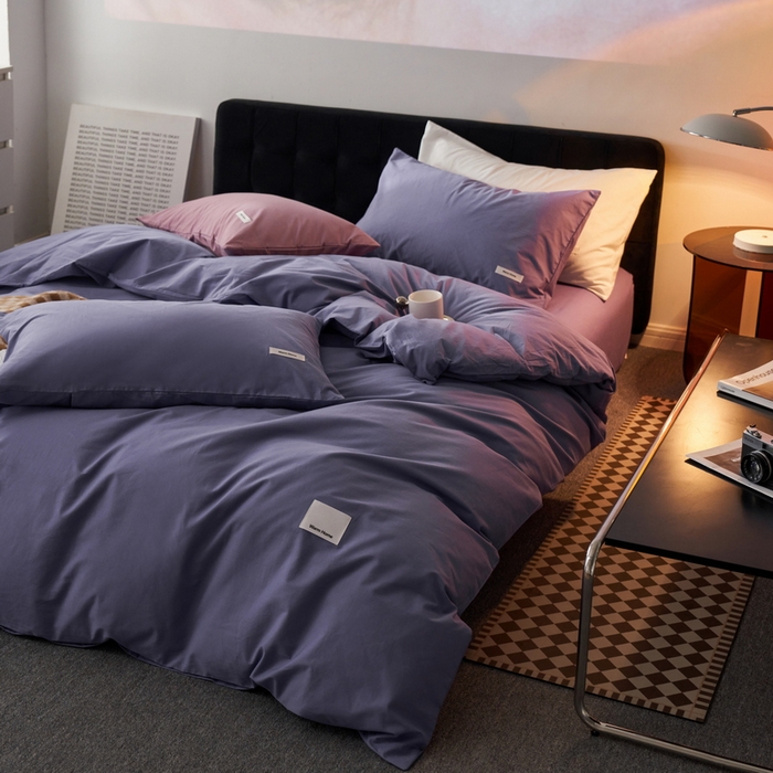 91家纺网 家纺一手货源 找家纺 蓝邻家纺 2025新款A类全棉纯棉水洗棉纯色贴标系列四件套-风格一 优雅紫