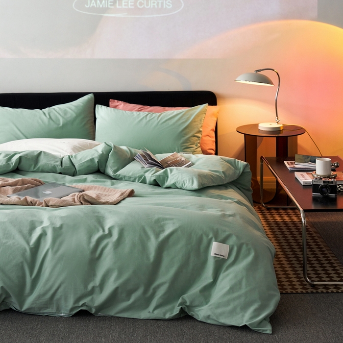 蓝邻家纺 2025新款A类全棉纯棉水洗棉纯色贴标系列四件套-风格一 丝绒绿
