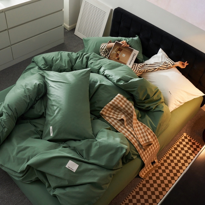 91家纺网 家纺一手货源 找家纺 蓝邻家纺 2025新款A类全棉纯棉水洗棉纯色贴标系列四件套-风格一 时尚绿