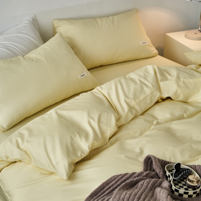 91家纺网 家纺一手货源 找家纺 蓝邻家纺 2025新款A类全棉纯棉水洗棉纯色贴标系列四件套-风格一 柠檬黄