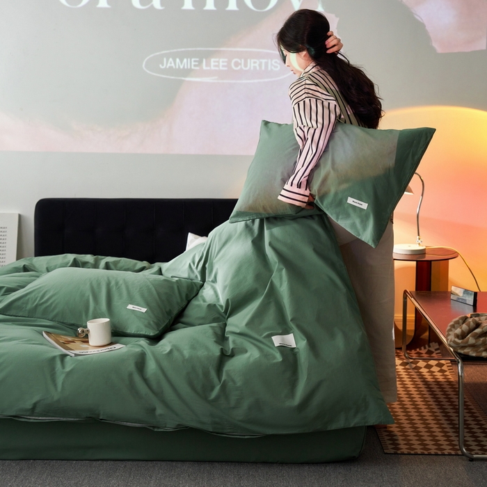 91家纺网 家纺一手货源 找家纺 蓝邻家纺 2025新款A类全棉纯棉水洗棉纯色贴标系列四件套-风格一 时尚绿