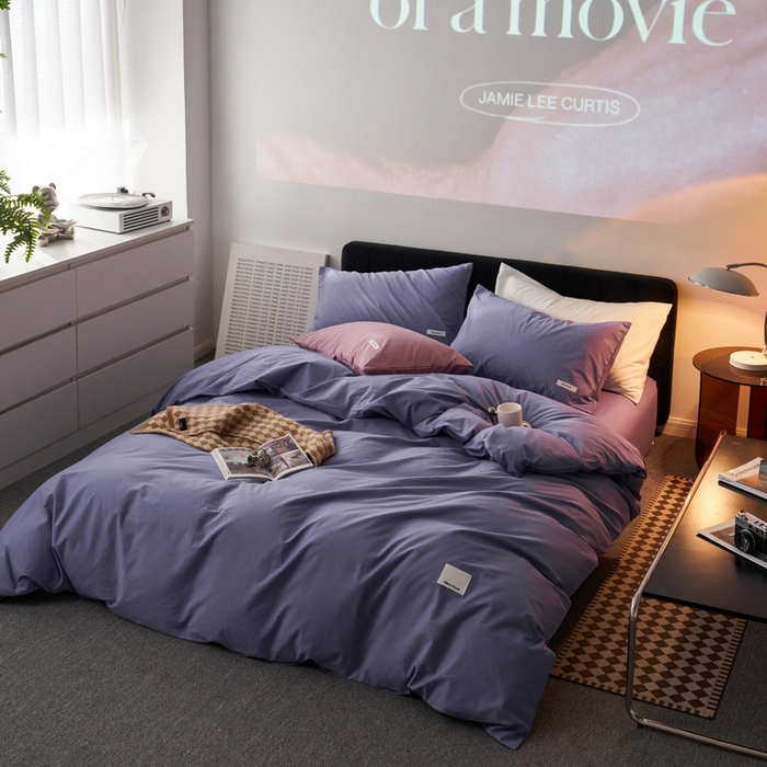 91家纺网 家纺一手货源 找家纺 蓝邻家纺 2025新款A类全棉纯棉水洗棉纯色贴标系列四件套-风格一 优雅紫