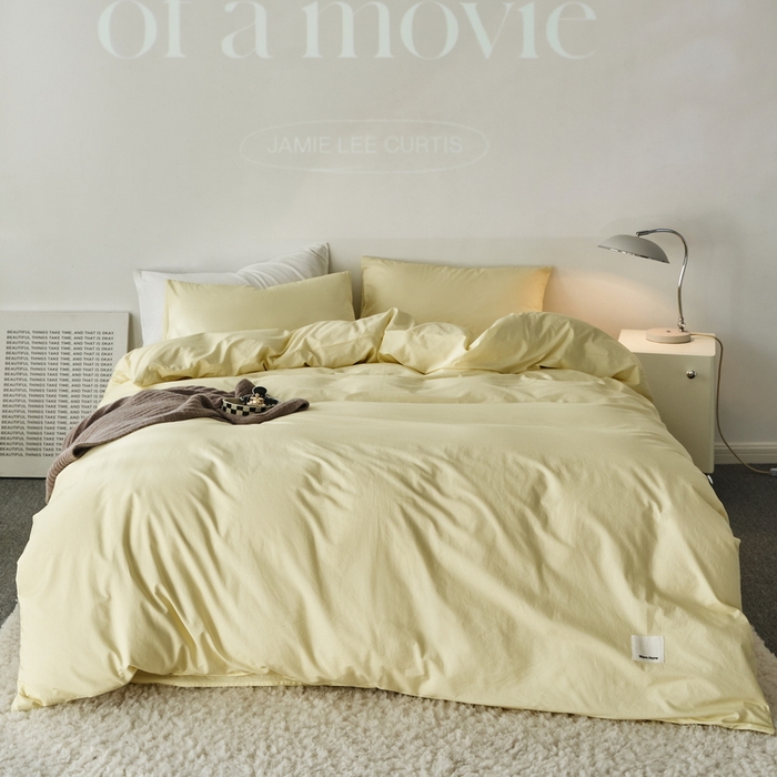 91家纺网 家纺一手货源 找家纺 蓝邻家纺 2025新款A类全棉纯棉水洗棉纯色贴标系列四件套-风格一 柠檬黄