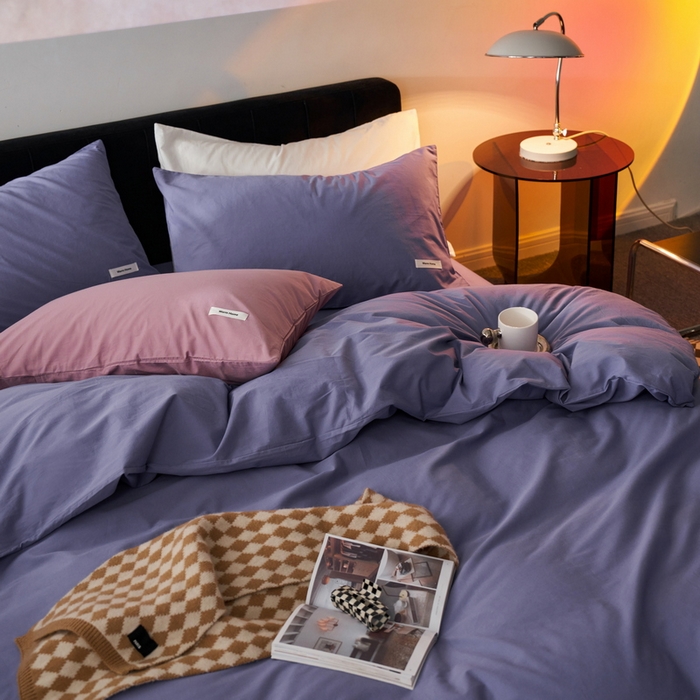 91家纺网 家纺一手货源 找家纺 蓝邻家纺 2025新款A类全棉纯棉水洗棉纯色贴标系列四件套-风格一 优雅紫