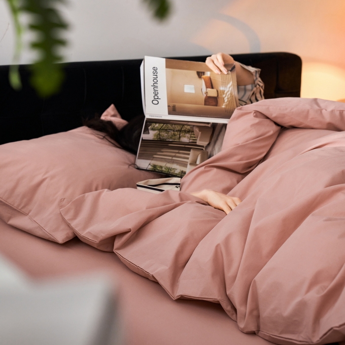 91家纺网 家纺一手货源 找家纺 蓝邻家纺 2025新款A类全棉纯棉水洗棉纯色贴标系列四件套-风格一 公主粉