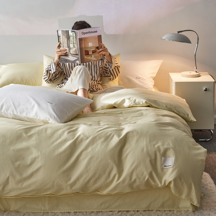 91家纺网 家纺一手货源 找家纺 蓝邻家纺 2025新款A类全棉纯棉水洗棉纯色贴标系列四件套-风格一 柠檬黄