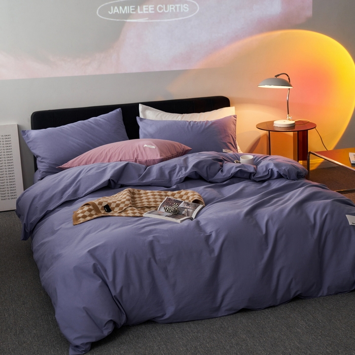 91家纺网 家纺一手货源 找家纺 蓝邻家纺 2025新款A类全棉纯棉水洗棉纯色贴标系列四件套-风格一 优雅紫