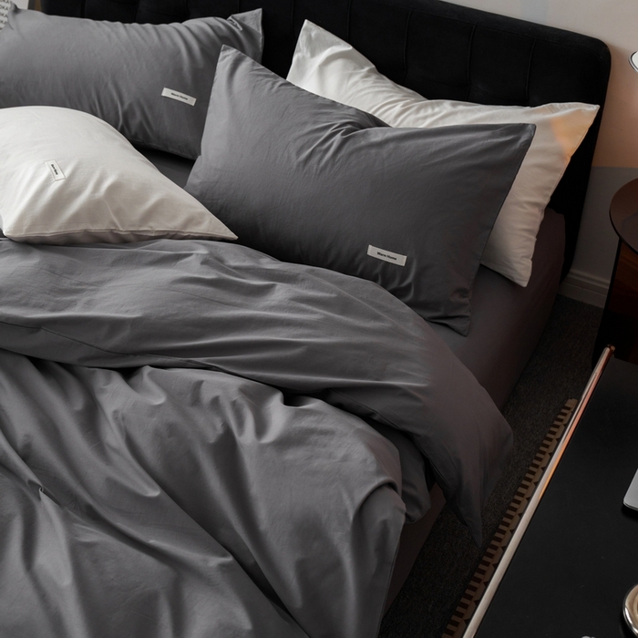 91家纺网 家纺一手货源 找家纺 蓝邻家纺 2025新款A类全棉纯棉水洗棉纯色贴标系列四件套-风格一 星辰灰