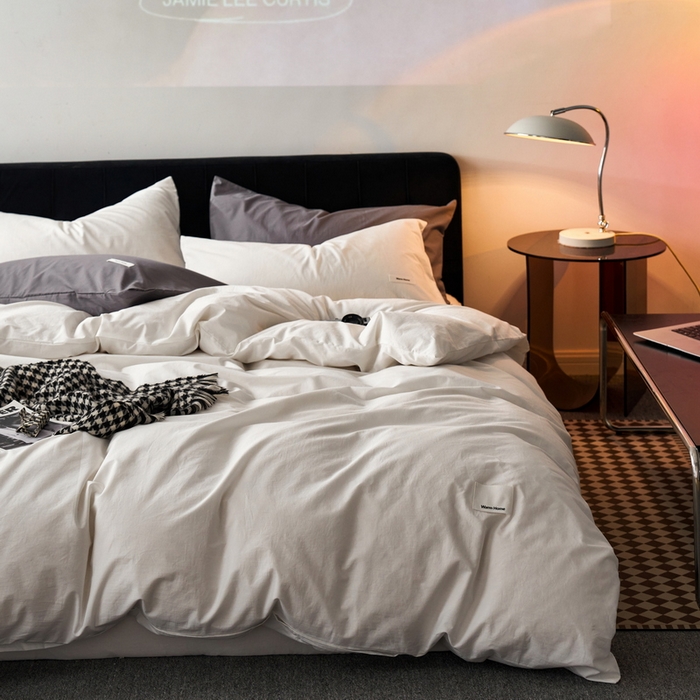 91家纺网 家纺一手货源 找家纺 （总）蓝邻家纺 2025新款A类全棉纯棉水洗棉纯色贴标系列四件套-风格一