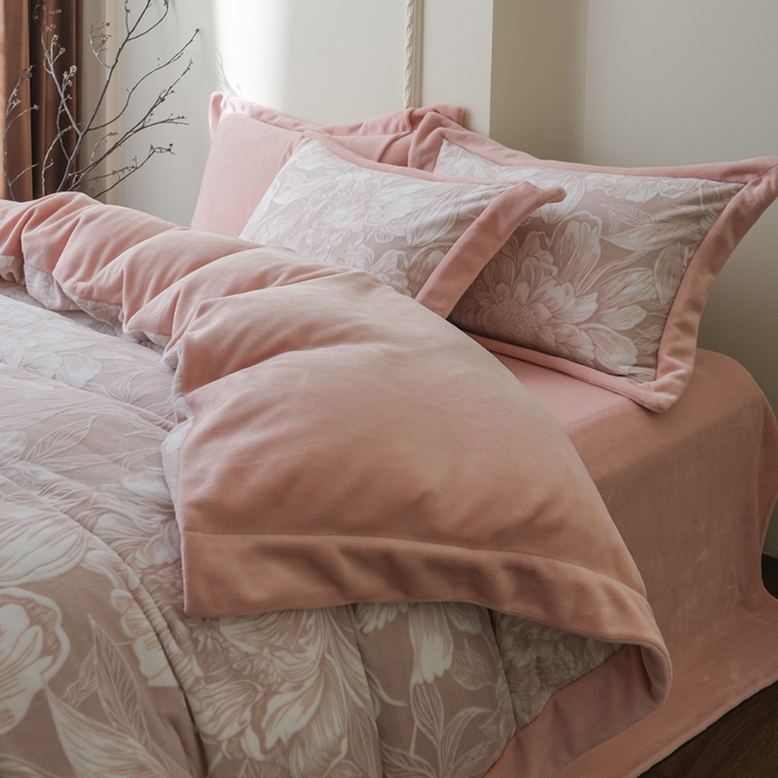 91家纺网 家纺一手货源 找家纺 米奈家居 2025新款立体雕花拼角款牛奶绒四件套 花间集-豆沙