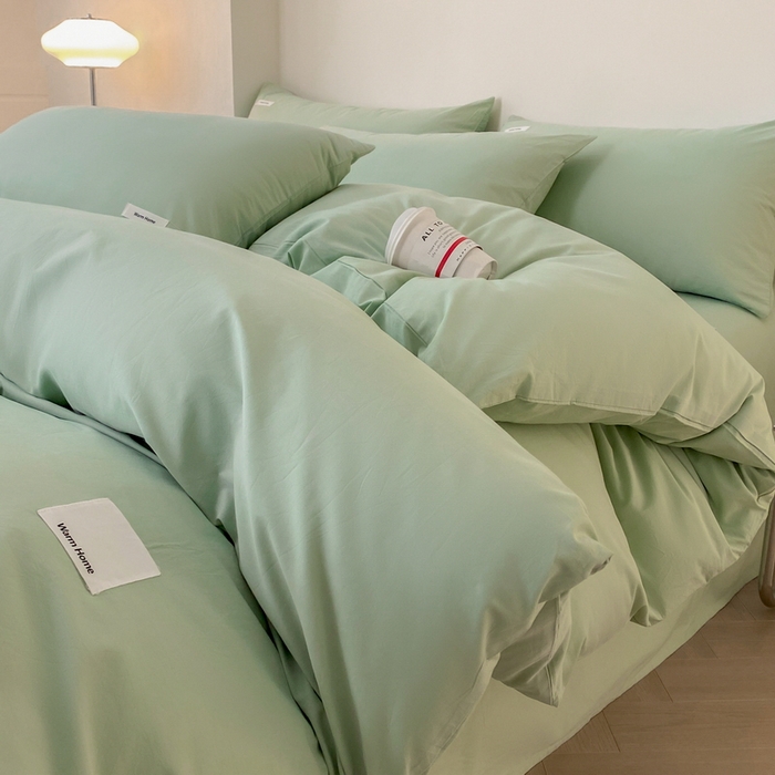 91家纺网 家纺一手货源 找家纺 蓝邻家纺 2025新款A类全棉纯棉水洗棉纯色贴标系列四件套-风格二 丝绒绿