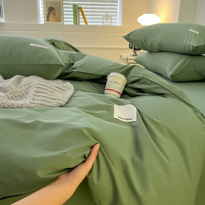91家纺网 家纺一手货源 找家纺 蓝邻家纺 2025新款A类全棉纯棉水洗棉纯色贴标系列四件套-风格二 时尚绿