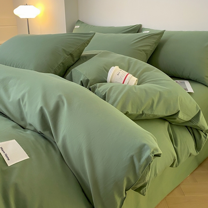 91家纺网 家纺一手货源 找家纺 蓝邻家纺 2025新款A类全棉纯棉水洗棉纯色贴标系列四件套-风格二 时尚绿