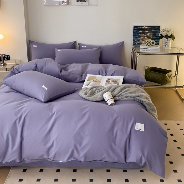 91家纺网 家纺一手货源 找家纺 蓝邻家纺 2025新款A类全棉纯棉水洗棉纯色贴标系列四件套-风格二 优雅紫
