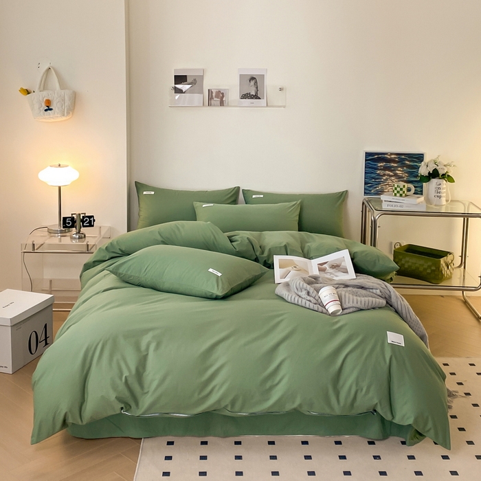 91家纺网 家纺一手货源 找家纺 蓝邻家纺 2025新款A类全棉纯棉水洗棉纯色贴标系列四件套-风格二 时尚绿