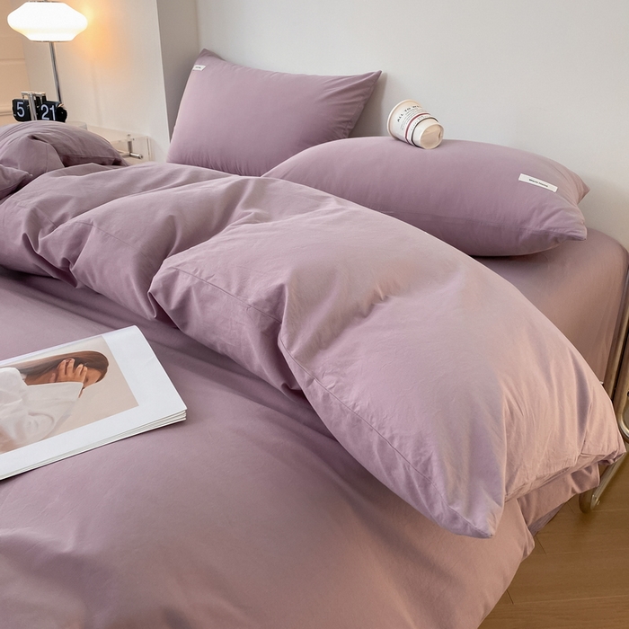 91家纺网 家纺一手货源 找家纺 蓝邻家纺 2025新款A类全棉纯棉水洗棉纯色贴标系列四件套-风格二 千黛紫