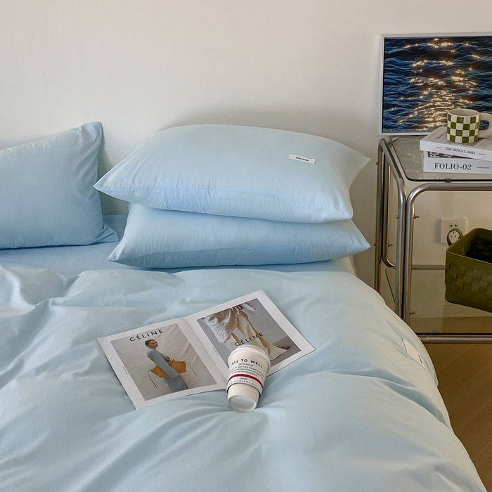 91家纺网 家纺一手货源 找家纺 蓝邻家纺 2025新款A类全棉纯棉水洗棉纯色贴标系列四件套-风格二 粉末蓝