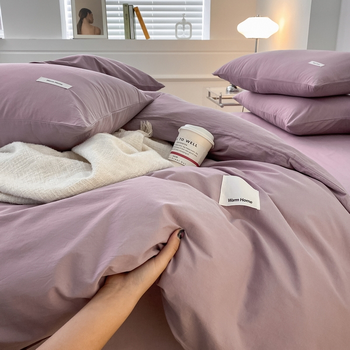 91家纺网 家纺一手货源 找家纺 蓝邻家纺 2025新款A类全棉纯棉水洗棉纯色贴标系列四件套-风格二 千黛紫