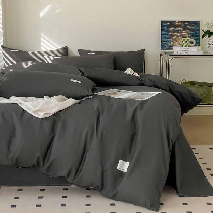 91家纺网 家纺一手货源 找家纺 蓝邻家纺 2025新款A类全棉纯棉水洗棉纯色贴标系列四件套-风格二 高级灰