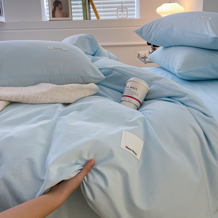 91家纺网 家纺一手货源 找家纺 蓝邻家纺 2025新款A类全棉纯棉水洗棉纯色贴标系列四件套-风格二 粉末蓝