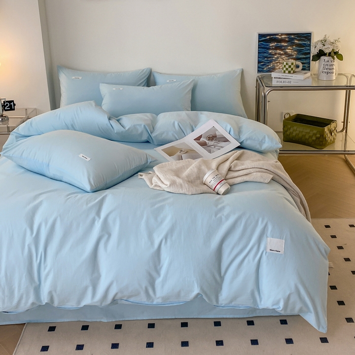 91家纺网 家纺一手货源 找家纺 蓝邻家纺 2025新款A类全棉纯棉水洗棉纯色贴标系列四件套-风格二 粉末蓝