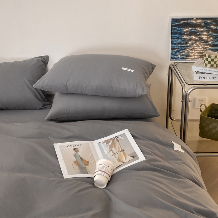 91家纺网 家纺一手货源 找家纺 蓝邻家纺 2025新款A类全棉纯棉水洗棉纯色贴标系列四件套-风格二 星辰灰