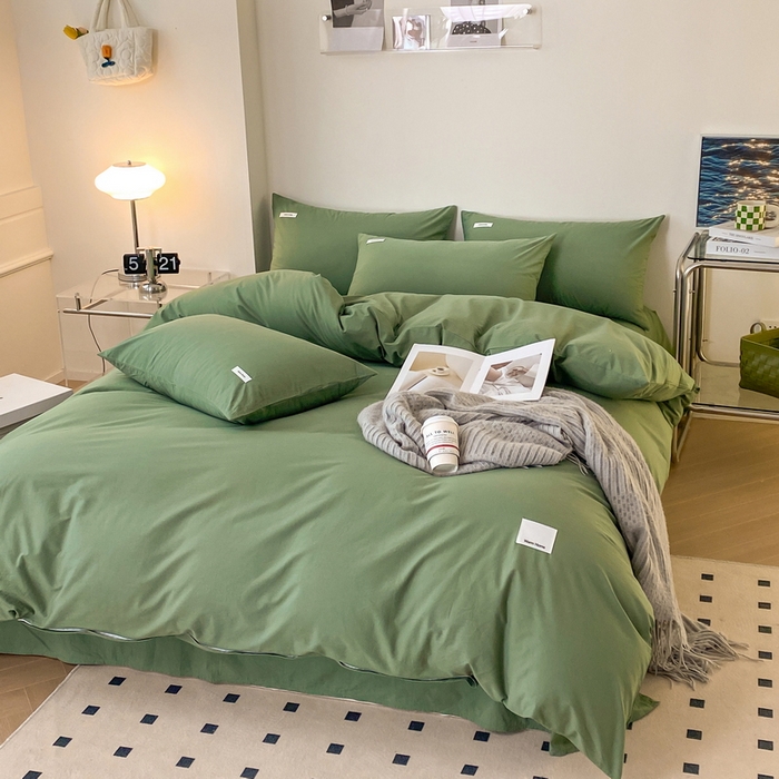 91家纺网 家纺一手货源 找家纺 蓝邻家纺 2025新款A类全棉纯棉水洗棉纯色贴标系列四件套-风格二 时尚绿